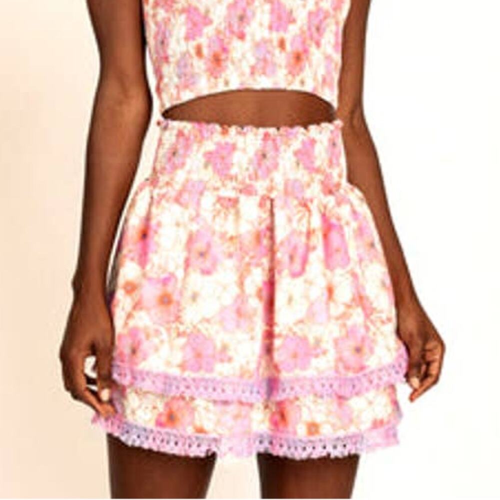 NWT Peixoto Women's Floral Prints Mariel Mini Skirt Shirred Waistband Pink SZ L